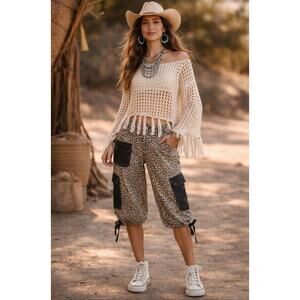 NEW Oli & Hali Saddle Up Safari Cheetah Washed Oversized Cargo Capri Shorts